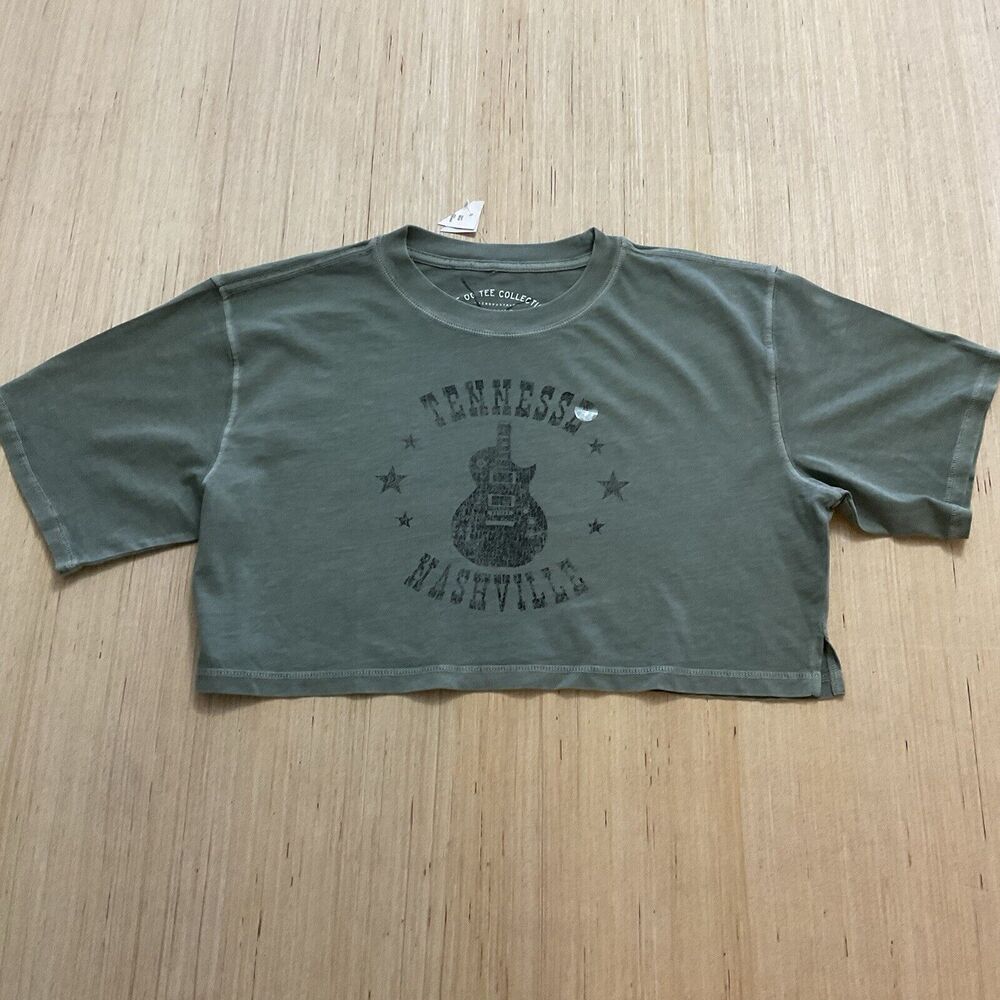 Aeropostale Nashville Tennessee Crop Boyfriend Tee Khaki Green Tee New XS